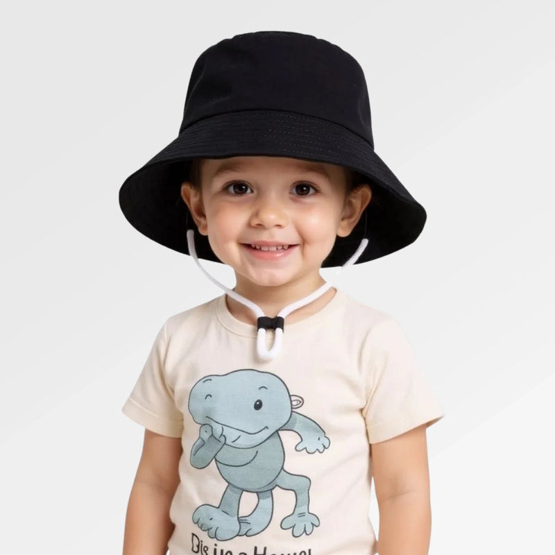 black bucket hat kid with string