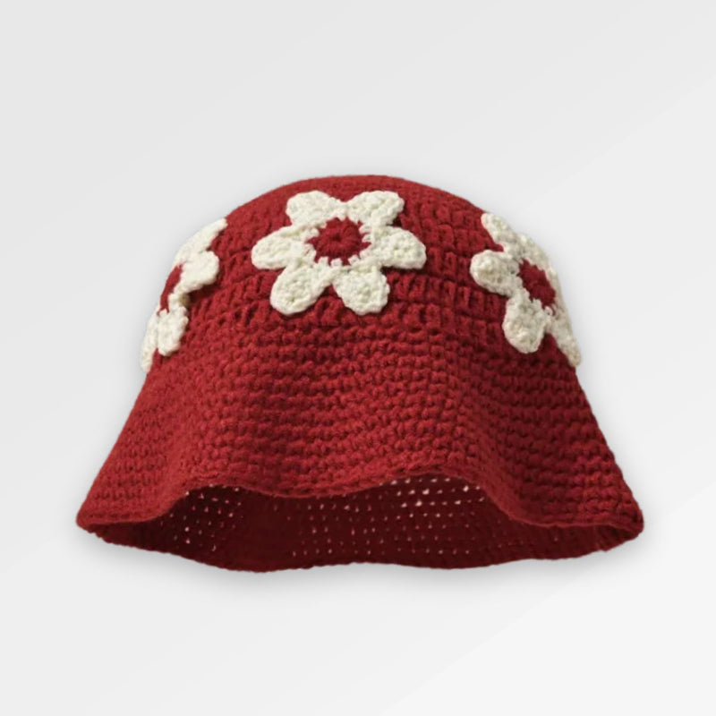 Red_Crochet_Bucket_Hat flowers front view